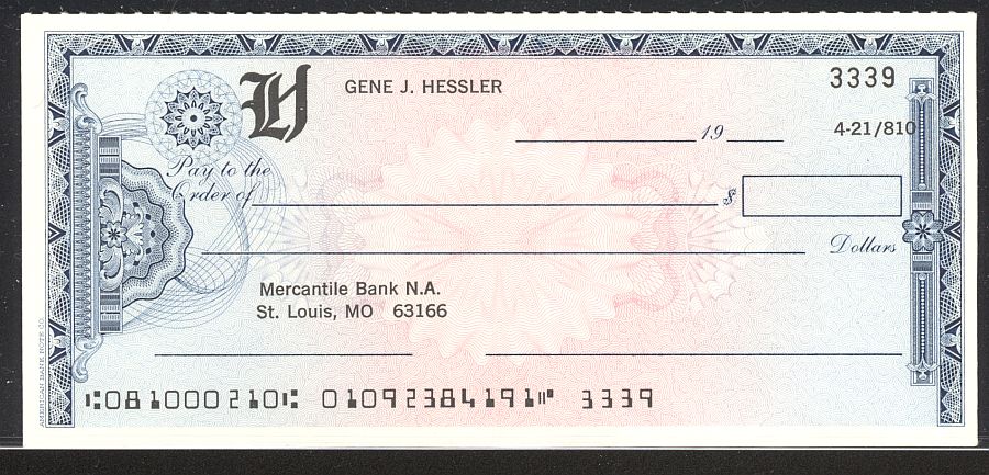 ABNC Custom-Made Engraved Check - Gene Hessler; Mercantile Bank, St. Louis, MO